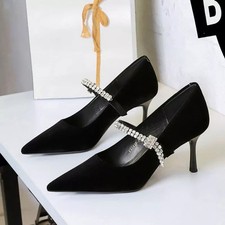 Decolte Nere Tacco 7 Cm Punta Affusolata Con Cinturino Strass Eleganza CF60315