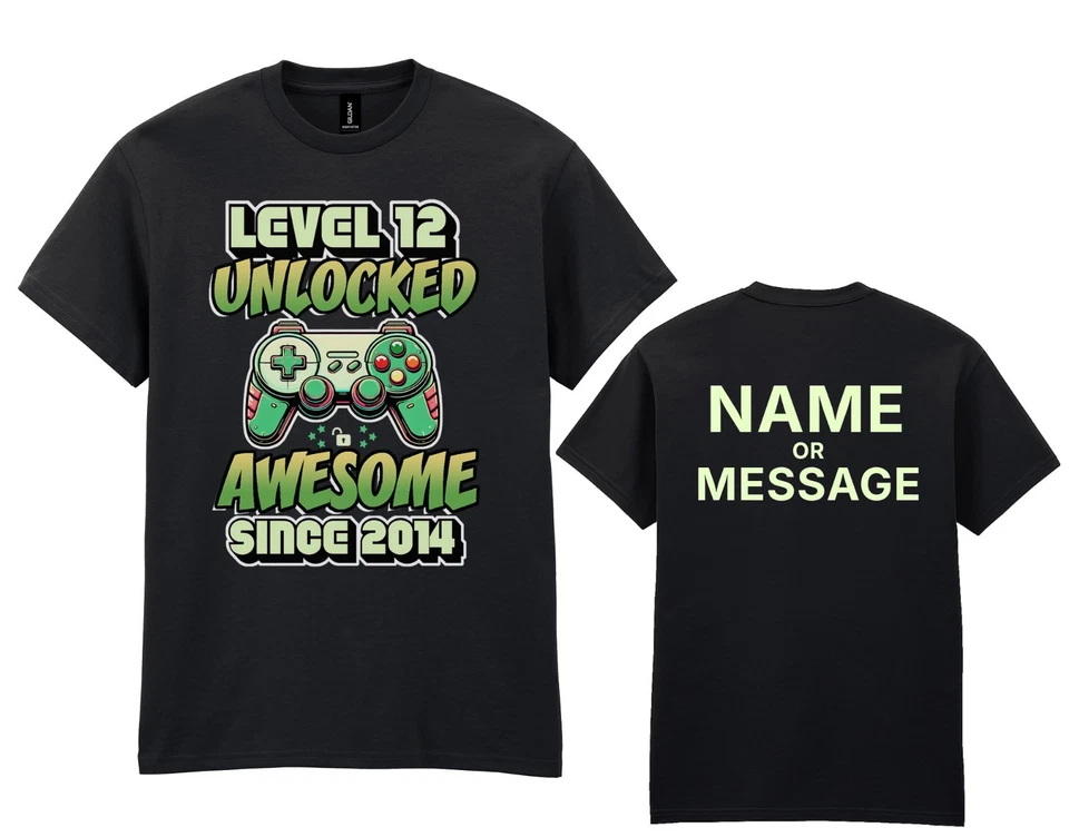 BUZZ SHIRTS Boys 12th Birthday 2014 Gaming T-Shirt - Personalised Message Level 12 Unlocked
