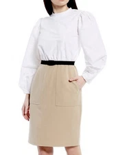 Nation LDT Alecia 2 Tone Puff Sleeve Mini Dress XS/0 Belted White & Tan Belt