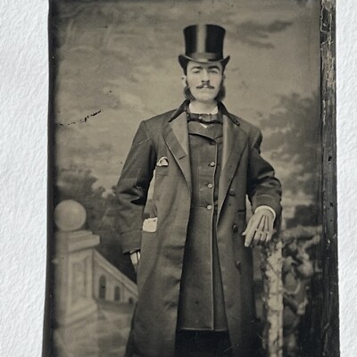Antique Tintype Photograph Handsome Very Dapper Man Top Hat Coat Mustache