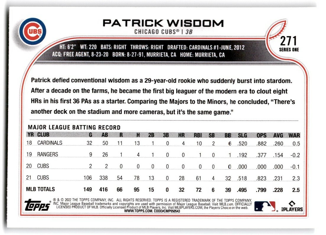2022 Topps Patrick Wisdom Chicago Cubs #271 | eBay