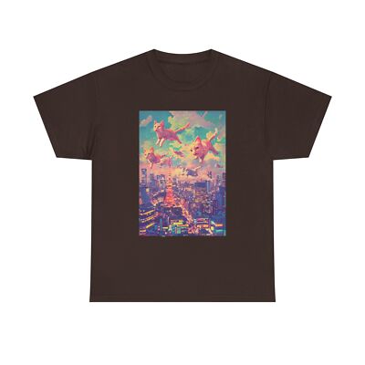 Flying Cats Over Tokyo T-Shirt, Graphic Tee, Cat Lover Gift, Animal Print Shirt
