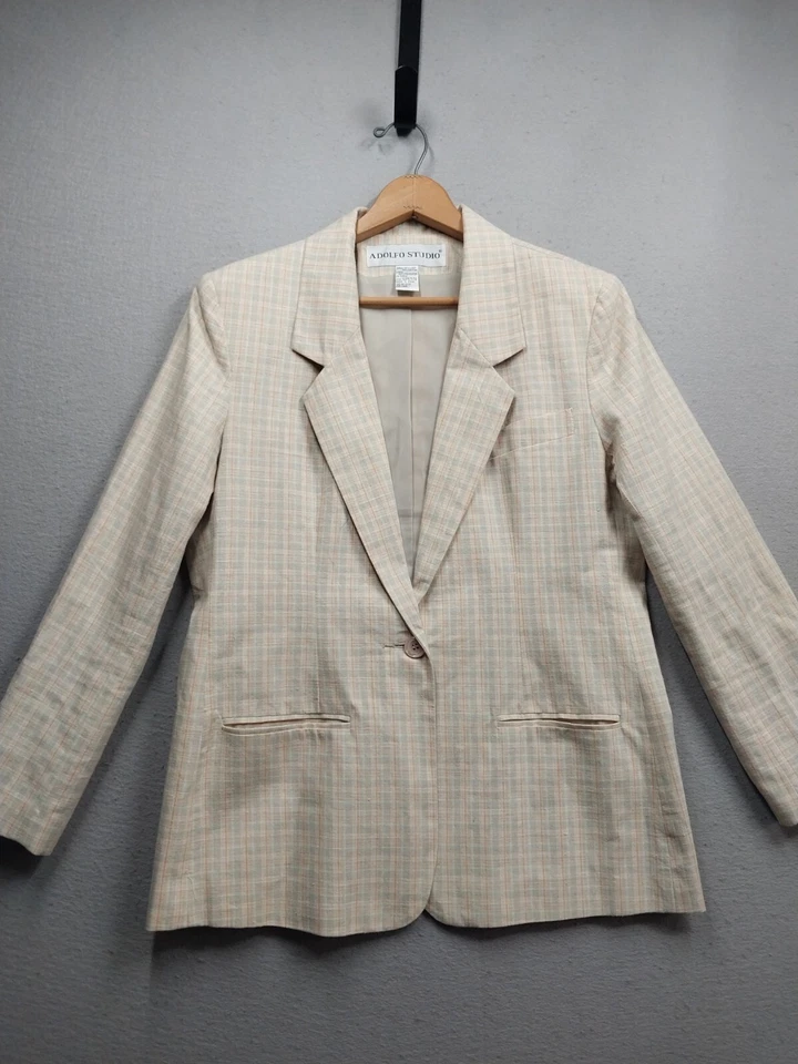 Chaqueta Blazer Adolfo International de Lino para Mujer 12 Petite Tostado Forrada a Cuadros Foto 2 de 4