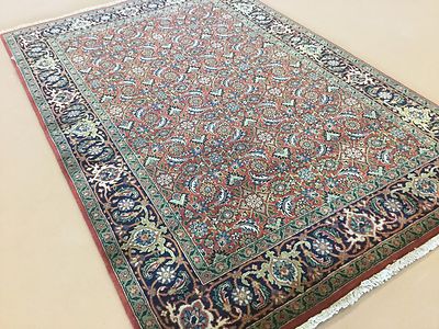 4'.0'' X 5'.11'' Rust Navy Blue Super Herati Oriental Rug Hand Knotted