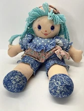 Vintage TB Trading Cloth Doll Blue Braid Yarn Hair 15 Inch Acid Wash Polka Dot