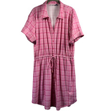Talbots Cabana Life Shirt Dress L Short Sleeve Pink Plaid Button Up Tassel Waist