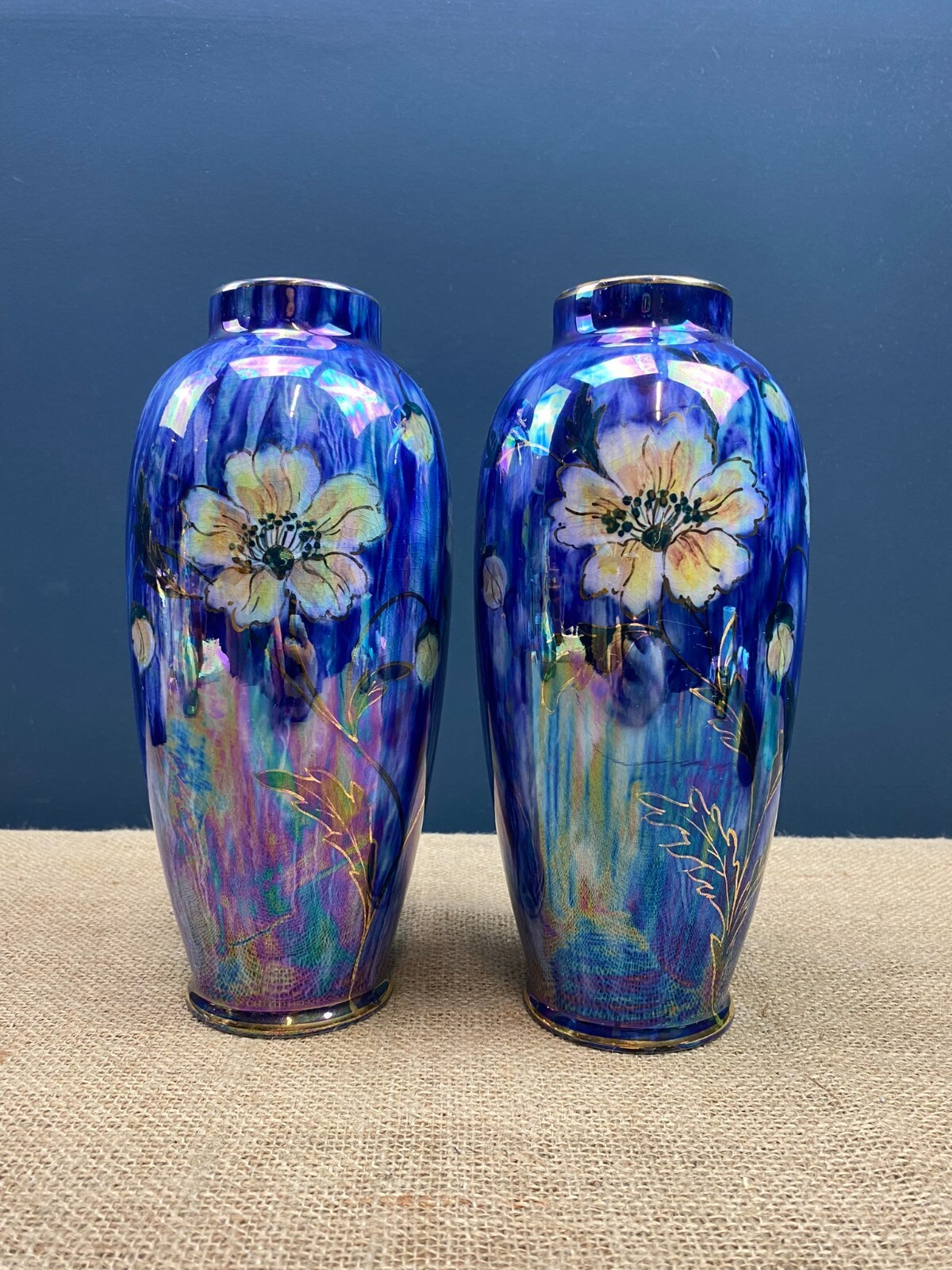 PAIR VINTAGE 1920'S KIRALPO WARE KIRKLANDS POTTERY BLUE LUSTRE WARE