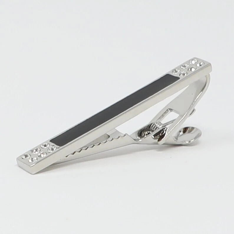 Bezel Set 1.00 CT White Sapphire & Black Enamel Gemstone Wedding Groom Tie Clip - Image 2 of 4
