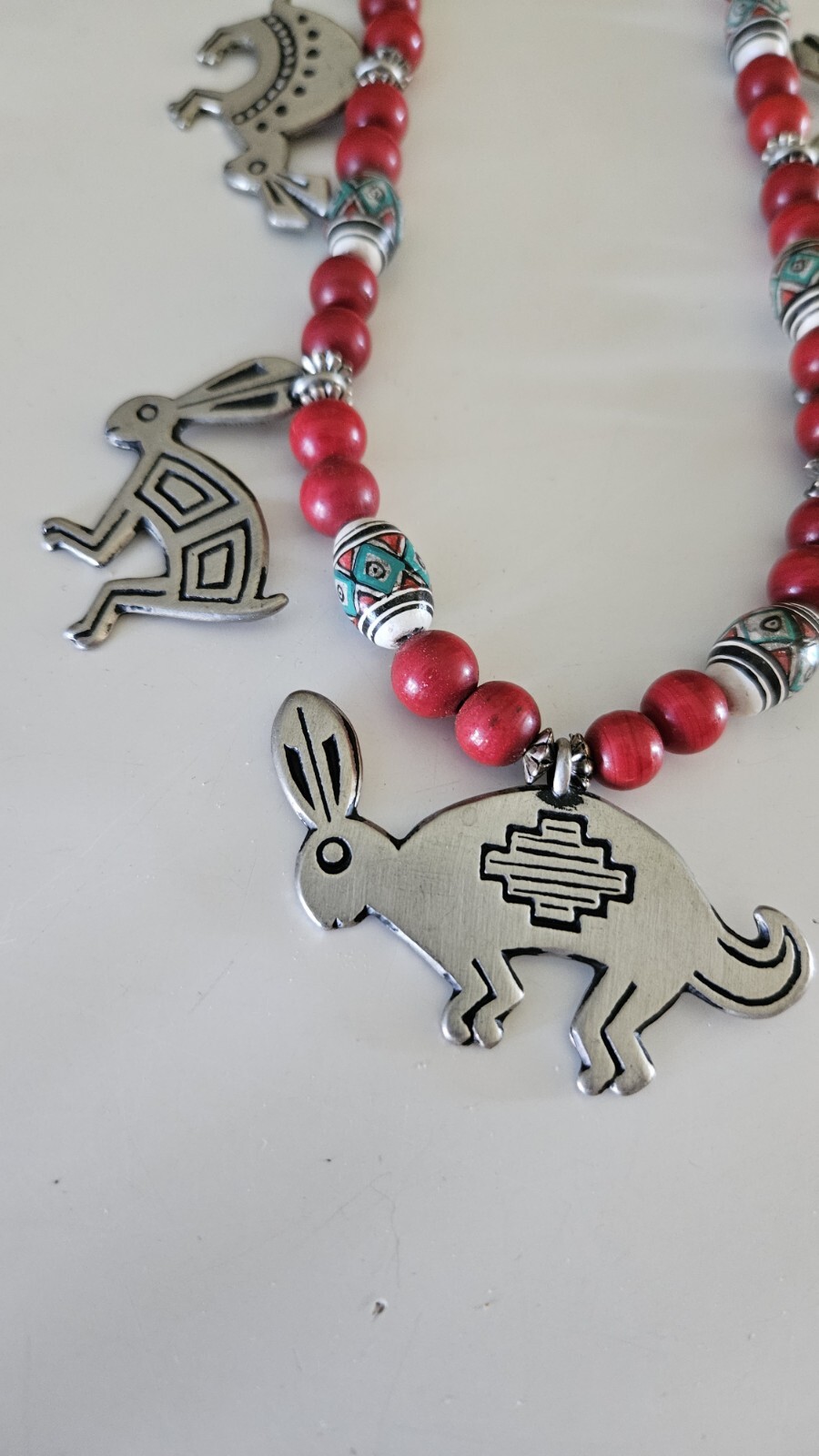 Red Beaded Rabbit Statement Necklace - image 3