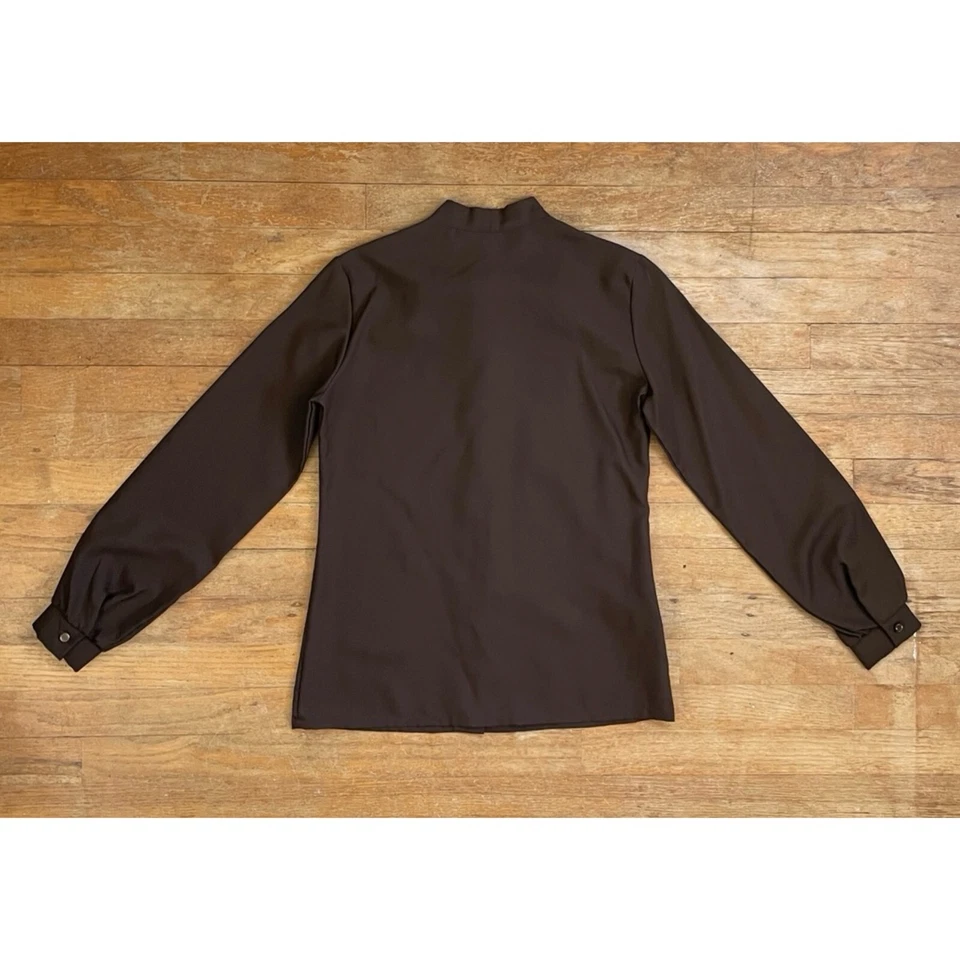 Vintage 1960s Pussy Bow Blouse Size Small 60s Brown Button Down Top Shirt - Image 3 of 4