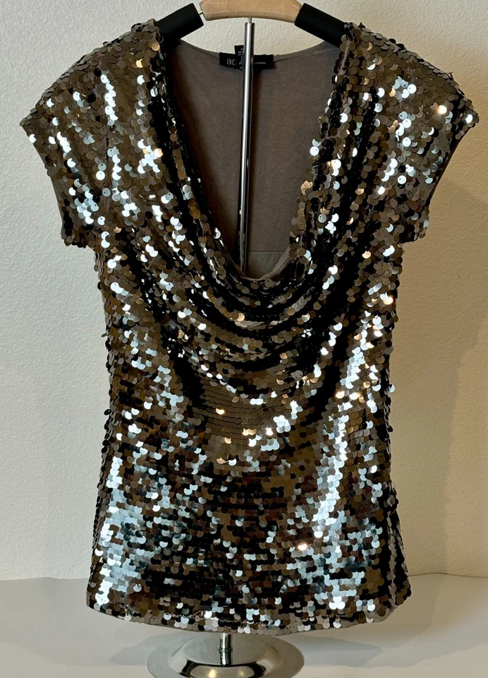 INC Top Womens S Silver Sequin Cowl Neck Short Sleeve Party Cocktail Glam Sexy - Image 4 of 4