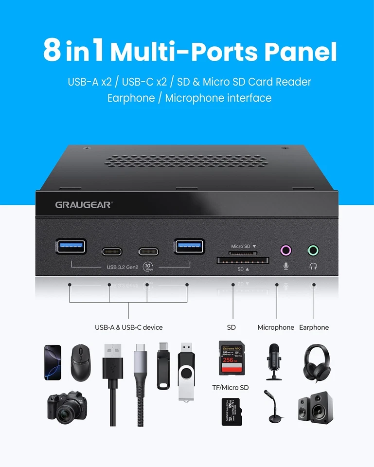 Frontpanel in 5,25 Zoll, 4x USB 3.2 Gen2 HUB 10Gbps, 2xA+2xC, Kartenleser, Audio - Bild 4 von 4