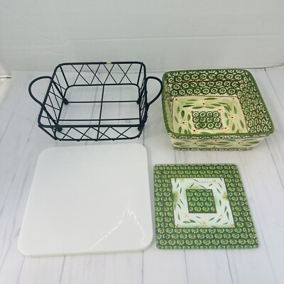 Temptations Old World Green 1.5 qt. Square Baker Cover Trivet Stand