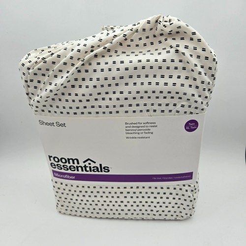 Room Essentials Twin XL Sheet 3 Piece Set White Black Pattern Microfiber New