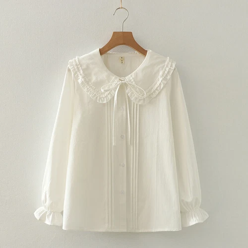 Linda Blusa Tostada Francesa Lolita 3 Capas Cuello Peter Pan Camisa Blanca Manga Larga - Imagen 6 de 12