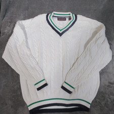 John Ashford Cable Knit Tennis Sweater Vintage White W Blue/Green Trim Cotton XL