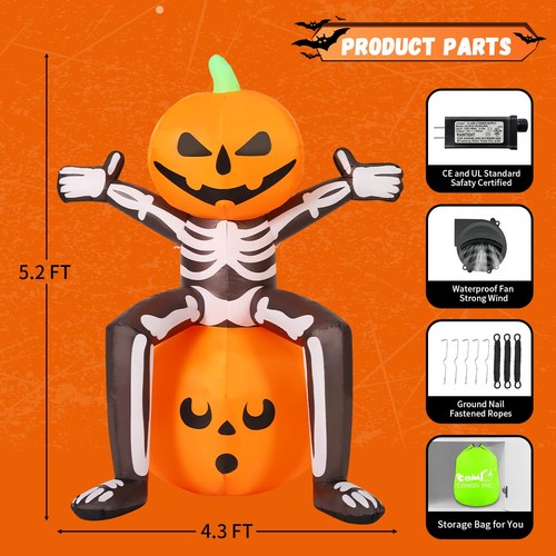 Halloween Inflatables 5FT Skull Skeleton Pumpkin Head with Built-in LEDs Blow... - Picture 7 of 7