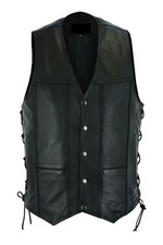 Men's Black Leather Vest Motorcycle Concealed Pocket Side Laces Custom Waistcoat