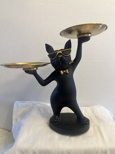 French Bulldog Statue Resin Black Metallic Gold Color Trays 