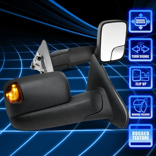 For 02-09 Dodge Ram Pair Manual+Amber LED Signal Flip Up Tow Mirrors Replacement