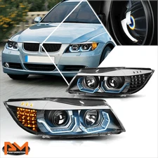For 05-08 BMW E90 3-Series LED 3D Crystal U-Halo Projector Headlight/Lamp Black