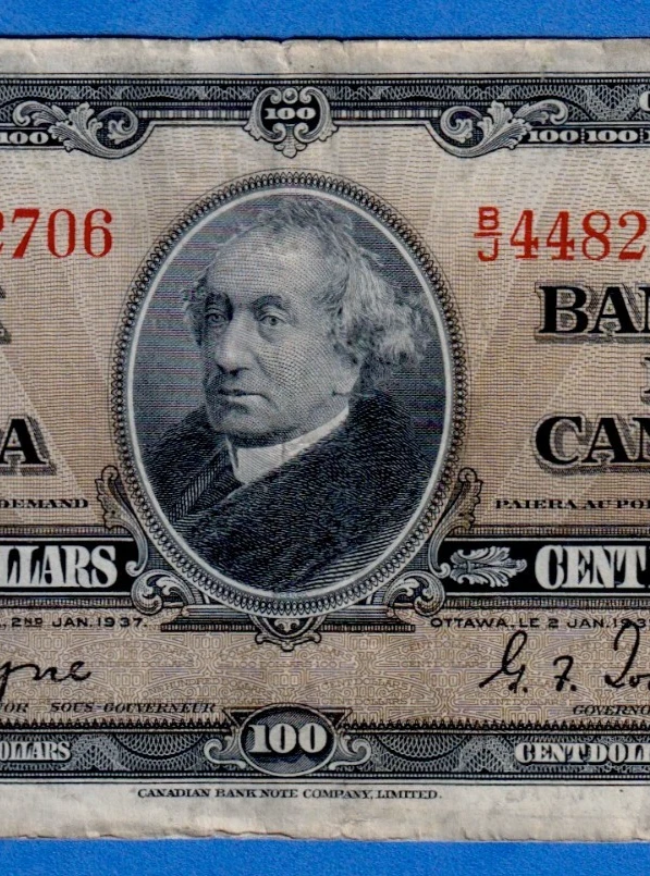Canada $100 1937 BC-27c / P-64c Circulated  Note B/J 4482706  Sir John MacDonald - Image 3 of 4