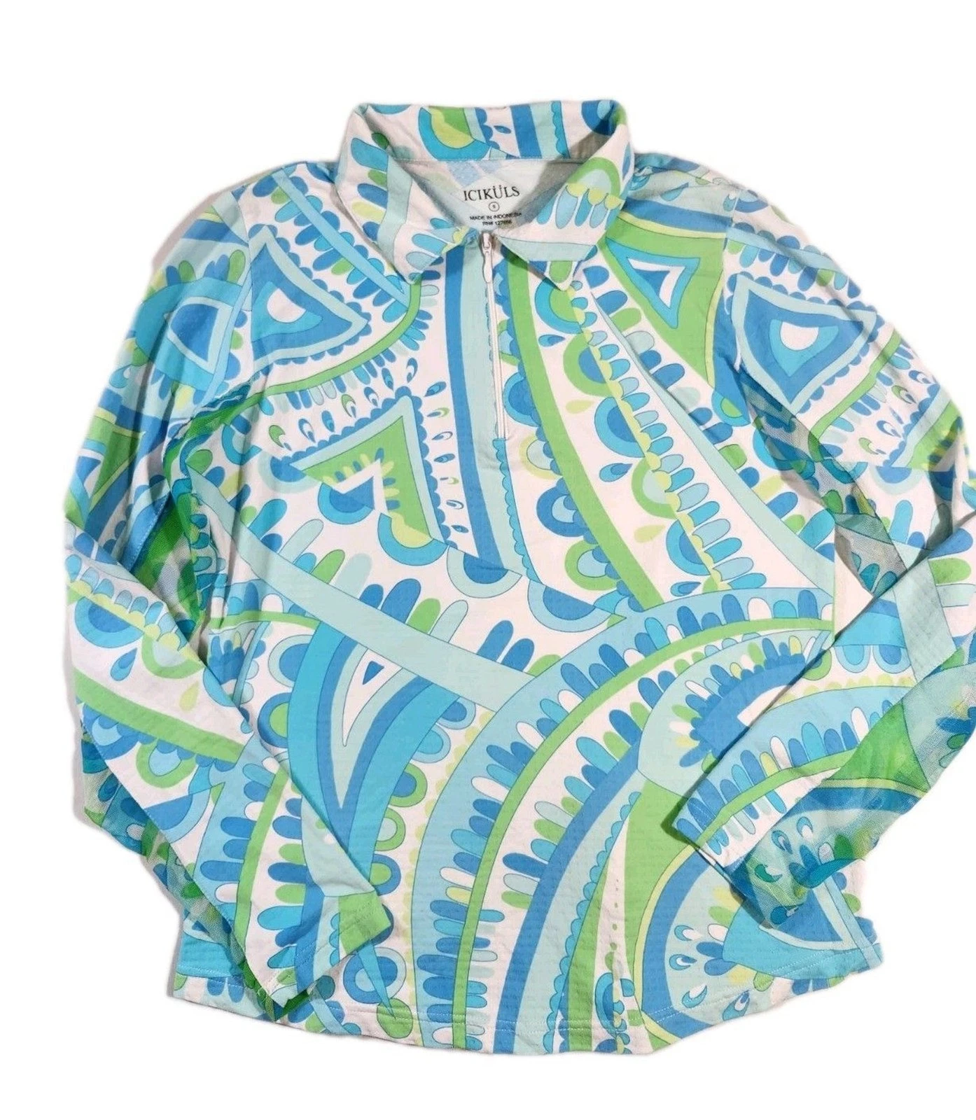Icikuls Sun Shirt Womens S Blue/Green 1/4 Zip Long Sleeve Mesh Golf Pickleball