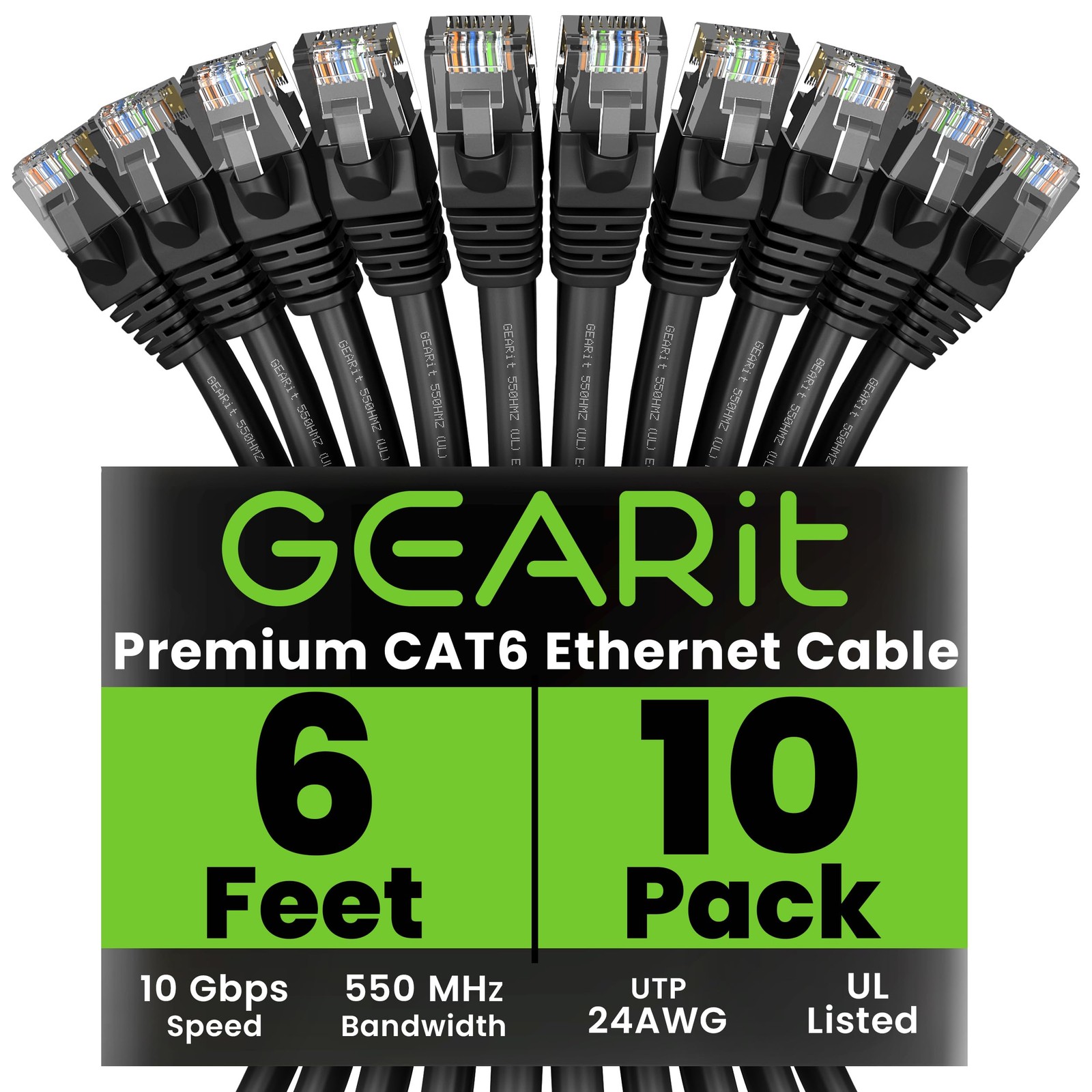 6ft Cat6 Ethernet Cable 10-Pack - 10Gbps, Snagless, RJ45, High-Speed Network Patch Cords