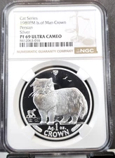 1989 ISLE OF MAN SILVER 1 CROWN PERSIAN CAT NGC PF 69 ULTRA CAMEO RARE GEM