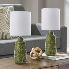 17.75" Green Ceramic Table Lamps Set of 2, Modern Leaf Embossed Bedside Lamps...
