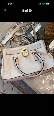 Michael Kors Hamilton Medium Beige Satchel Top Handle Bag Chain Strap Gold Logo