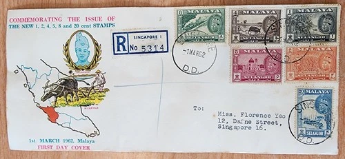 Malaya definitive stamps FDC Singapore registered