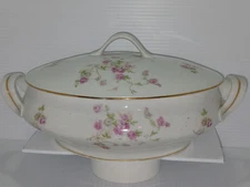 Vtg 11.75" Union T CZECH Covered Serving Dish Pink Rose Clusters Gold Trim