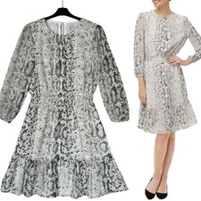 J. Crew Dress S Cream Puff Sleeve Sheer Flounce Gray Reptile Snakeskin Python