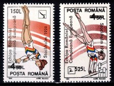 Romania 1994, Mi#5024-25, Sc#3944+3946, surcharged, sports, gymnastics, MNH!