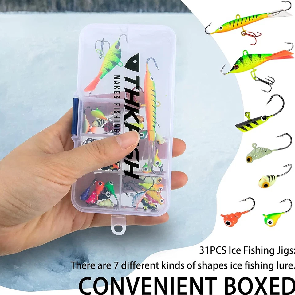 Kit de 31 piezas de plantillas y señuelos de pesca en hielo que brillan en la oscuridad cabezas de plantilla para hielo Panfish Foto 3 de 4