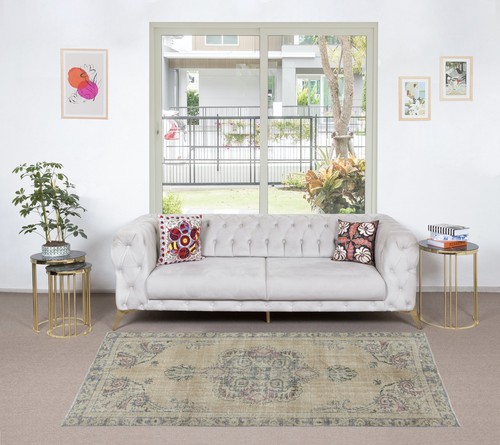 4.8x7.8 Ft Vintage Sun Faded Rug, Hand Knotted Turkish Carpet in Beige & Gray - Picture 2 of 5