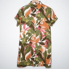 Tahari Womens Linen Shirt Dress Small Green Orange Tropical Resort Quiet Luxury