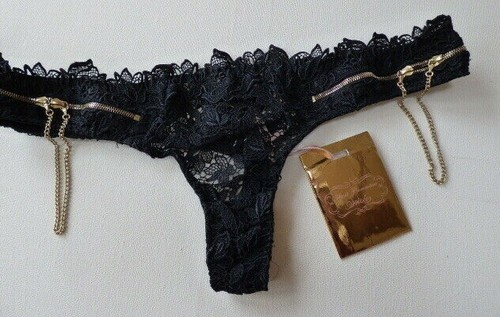 Agent Provocateur Zindie L thong gold zips black lace NEW soiree silk G-string - Picture 5 of 6