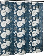 Dark Blue Floral Fabric Shower Curtain: Flower Leaf Berry Sketch Design Navy