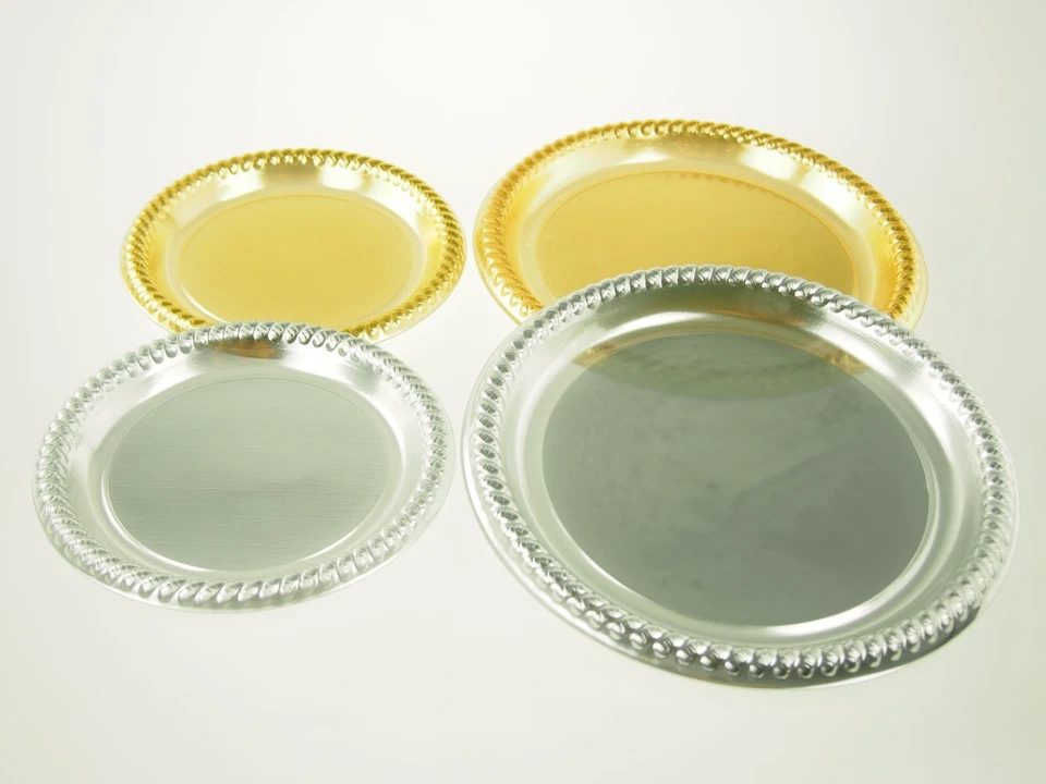 Platos de PVC dorados plateados metálicos cromados elegantes cena banquete real fiesta boda Foto 3 de 3