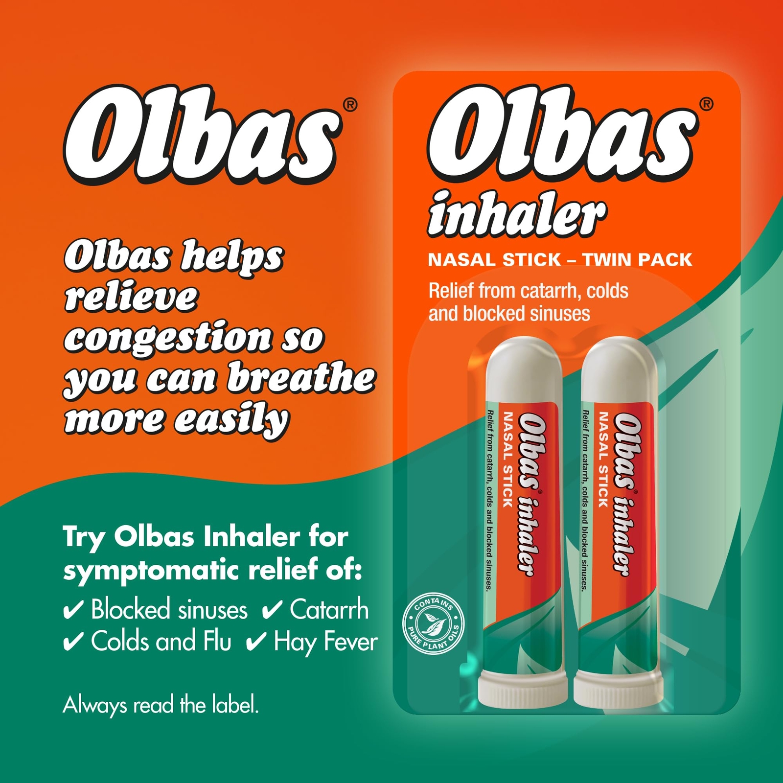 Olbas Nasal Inhaler 695mg Duo Pack for Congestion Relief and Refreshing ...