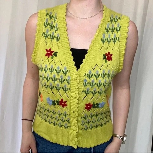 ZARA GREEN FLORAL EMBROIDERED KNIT VEST SLEEVELESS CARDIGAN SIZE M UK 10 - Picture 1 of 14