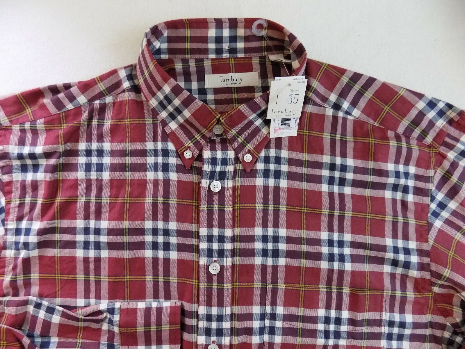 NEW TURNBURY Mens Dress Shirt 35 LARGE Red Plaid Tartan Long Sleeve ...