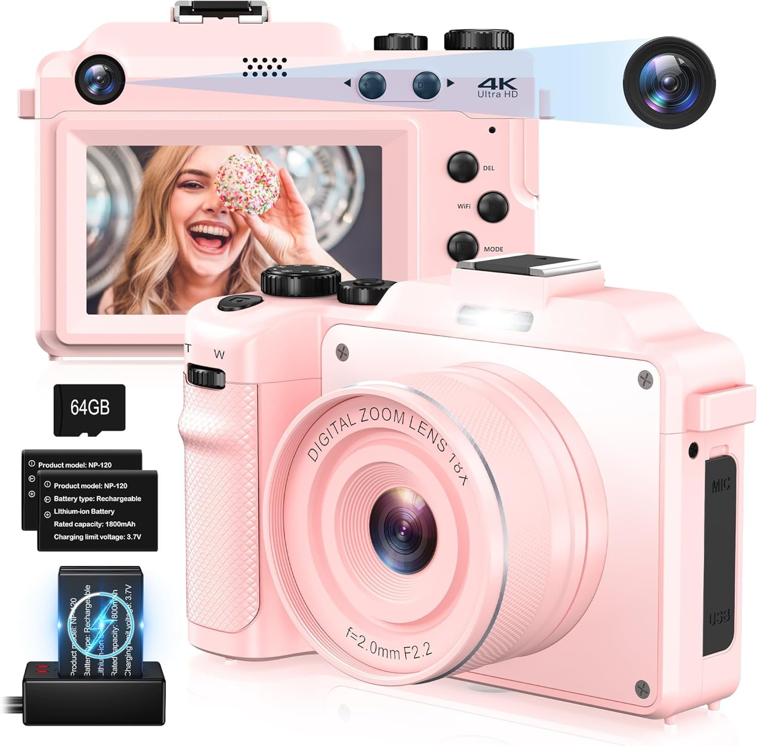 Cameras for Photography,4K Pink Digital Camera Anti-Shake 64MP Compact Vlogging