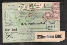 32) Germany Bayern Parcel Card Paketkarte 1907 to Zurich 80pf MF (cat225euro)