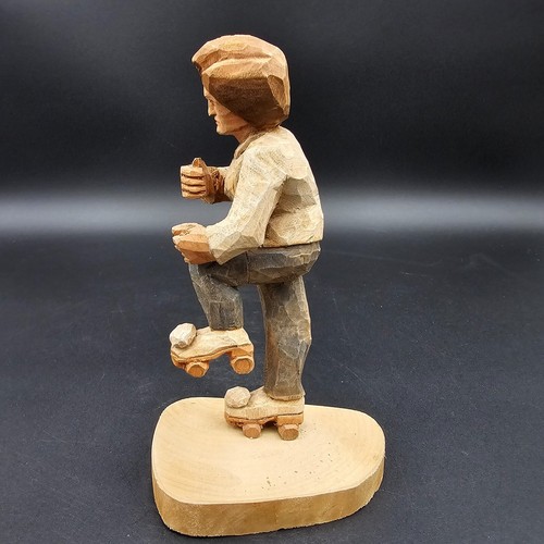 Vintage Hand Carved Wood Roller Skater Figurine Handmade Wooden Sculpture 8 in - Picture 7 of 11