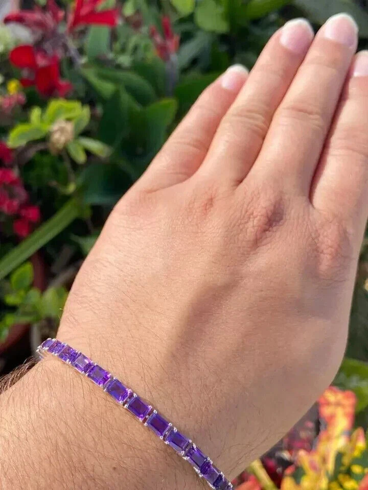 Pulsera Tenis Mujer 9Ct Esmeralda Laboratorio Creada Amatista 14k Chapado en Oro Blanco 7" Foto 3 de 4