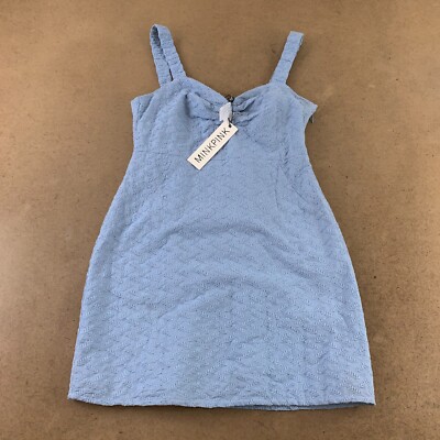 MINKPINK Women's Size Large Blue Sleeveless Embroidered Leaf Meda Mini Dress NWT