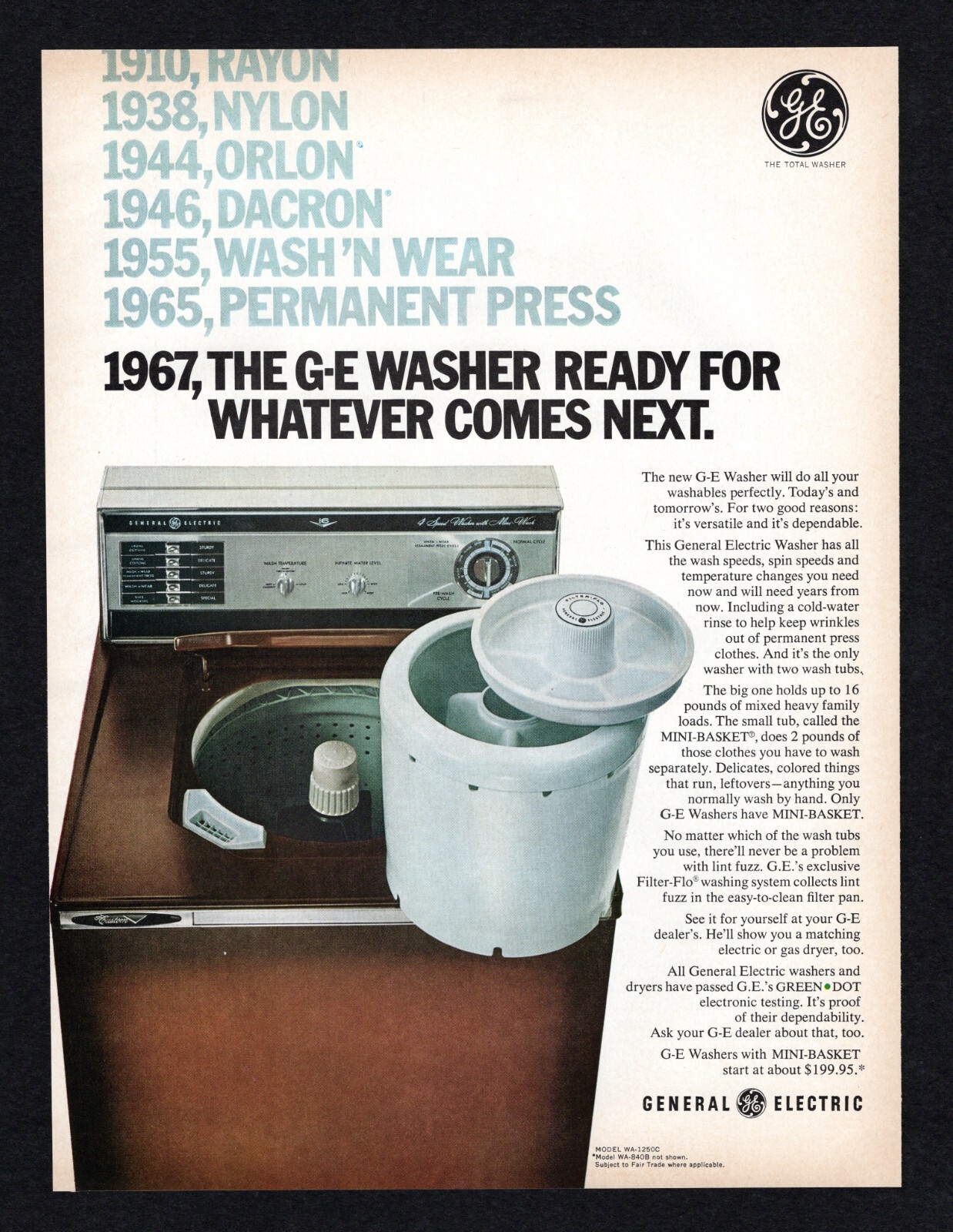 1967 GE Washer Rayon Nylon Orlon Dacron Wash n Wear Permanent Press Print Ad Vtg